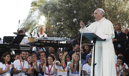 Pope speaks during encounter with youth in Cagliari, Sardinia